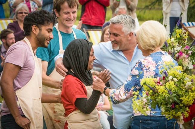 Television programme: The Great British Bake Off. Picture shows: Judges Paul Hollywood and Mary Berry congartulate winner Nadiya Hussain with runner ups Ian Cumming and Tamal Ray. Programme Name: The Great British Bake Off - TX: 07/10/2015 - Episode: n/a (No. 10) - Picture Shows: EMBARGOED UNTIL POST TX Paul Hollywood, Mary Berry, Nadiya, Ian, Tamal - (C) Love Productions - Photographer: Mark Bourdillon