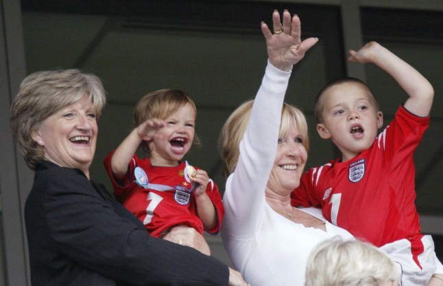 David Beckham's mother Sandra with Romeo (left) and Victoria Beckham's mother Jackie Adams with Brooklyn (right). Victoria Beckham has given birth to her third son, it was announced Sunday February 20, 2005. The baby was born in Madrid, shortly after husband David played finished playing in a match in the capital for Real Madrid. The birth was by caesarean section as were the couple's other two children Brooklyn, five, and Romeo, two. A spokesman for the couple said they would be making a statement later today. See PA Story SHOWBIZ Beckhams. PRESS ASSOCIATION Photo. Photo credit should read: PA THIS PICTURE CAN ONLY BE USED WITHIN THE CONTEXT OF AN EDITORIAL FEATURE. NO WEBSITE/INTERNET USE UNLESS SITE IS REGISTERED WITH FOOTBALL ASSOCIATION PREMIER LEAGUE.