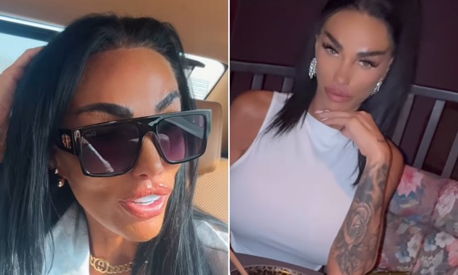 Katie Price talking to camera in large shades in the back of a car and posing for a photo in a white dress at the dinner table