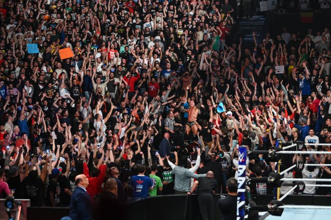 LYON, FRANCE - MAY 4: Randy Orton has some fun in the crowd during Backlash France at LDLC Arena on May 4, 2024 in Lyon, France. (Photo by WWE/Getty Images)