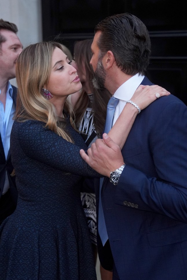Holly Valance kisses Donald Trump Jr. farewell as he leaves a fundraiser for Donald Trump hosted by the former Neighbours star in London. Picture date: Wednesday June 12, 2024. PA Photo. See PA story POLITICS Trump. Photo credit should read: James Manning/PA Wire