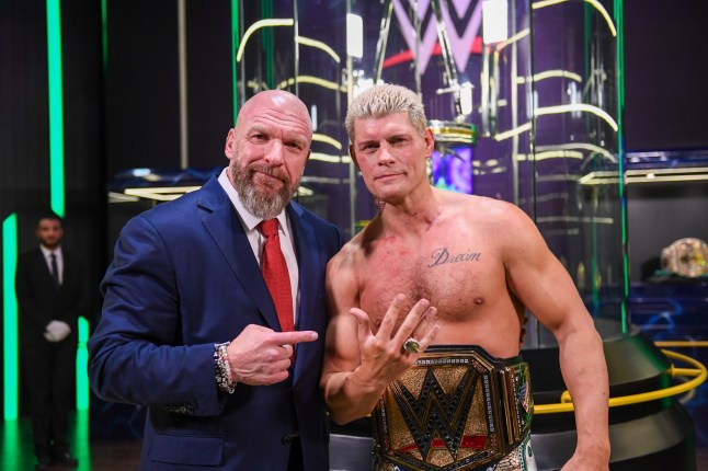 RIYADH, SAUDI ARABIA - NOVEMBER 2: Paul "Triple H" Levesque with the new Crown Jewel Men's Champion Cody Rhodes during Crown Jewel at Mohammed Abdo Arena on November 2, 2024 in Riyadh, Saudi Arabia. (Photo by WWE/Getty Images)