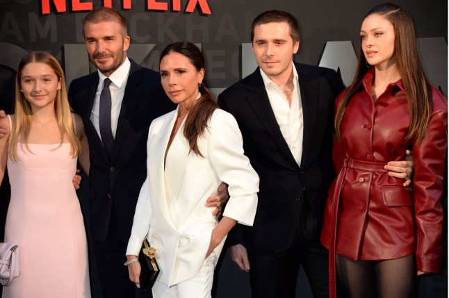 Mandatory Credit: Photo by Richard Young/Shutterstock (14135242u) Harper Beckham, David Beckham, Victoria Beckham, Brooklyn Beckham and Nicola Peltz 'Beckham' TV show premiere, Curzon Mayfair, London, UK - 03 Oct 2023