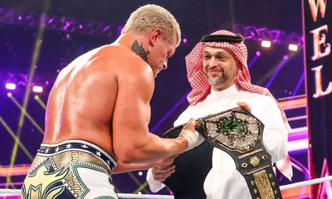 WWE superstar Cody Rhodes is presented with the Men's Crown Jewel Championship in Saudi Arabia