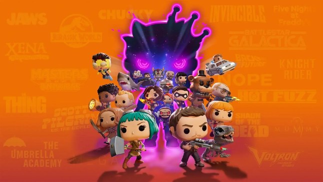 Funko Fusion key art multiple Funko Pop characters from different franchises stepping out of purple void
