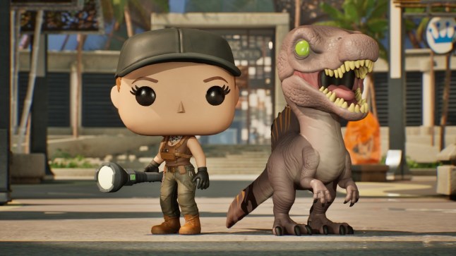 Funko Fusion Zora Bennett and spinosaurus characters side by side
