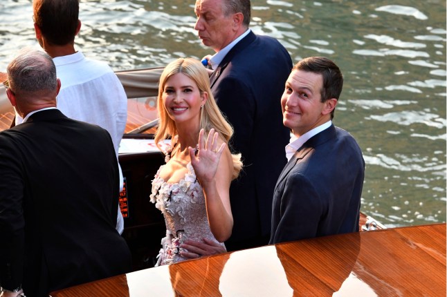14851675 Ivanka Trump sparks security fears at Bezos wedding with intimate photo 'revealing location' US President Donald Trump's daughter Ivanka Trump, center, waves as she and her husband Jared Kushner, right, arrive in Venice, Italy, Thursday, June 26, 2025, ahead of Jeff Bezos' wedding. (AP Photo/Luigi Costantini)