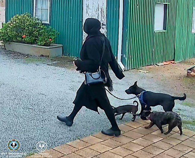 A supplied undated CCTV image obtained Friday, June 27, 2025 shows Tamika Chesser walking dogs after the alleged murder of her partner, Julian Story, in Port Lincoln, SA. (AAP Image/Supplied by SA Police) NO ARCHIVING, EDITORIAL USE ONLY 14852433