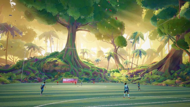 Rematch screenshot of footballers playing in a jungle