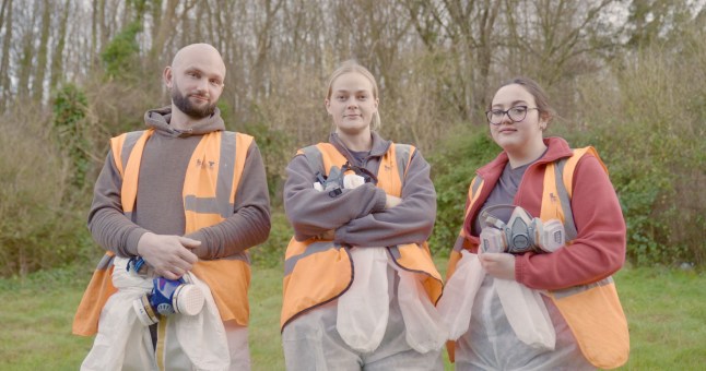Pictured: Crime scene cleaning team (LIT Biohazard and Trauma Cleaning Specialists) posed in PPE before entering a house where a body was discovered. Cleaner's names (left to right) - OPTION 2 Nathaniel Webb, Lauren Baker (Owner), Savannah Marshall