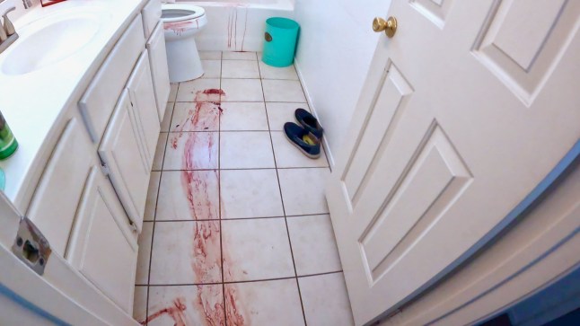 Pictured: LOS ANGELES, CALIFORNIA, USA: ?Before? photo showing a bathroom with blood trail across the floor before Victor Robles and the 911 Bio Clean team begin the clean. High angle photo. OPTION 1 ? WIDE ANGLE SHOT SHOWING WHOLE BATHROOM