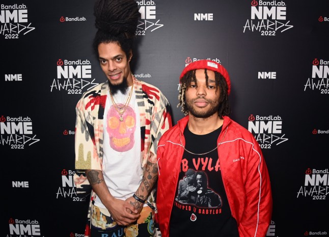 Bobbie Vylan and Bobby Vylan of Bob Vylan in the Winners Room during the NME Awards 2022 at O2 Academy Brixton on March 02, 2022 in London, England.