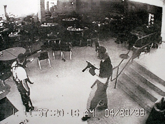 LITTLETON, CO - APRIL 20: (VIDEO CAPTURE) Columbine high school shooters Eric Harris (L) and Dylan Klebold appear in this video capture of a surveillance tape released by the Jefferson County Sheriff's Department in the cafeteria at Columbine High School April 20, 1999 in Littleton, CO during their shooting spree which killed 13 people. (Photo courtesy of Jefferson County Sheriff's Department via Getty Images)
