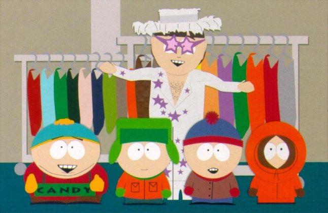 400063 01: Characters from the cartoon TV show "South Park", including Elton John (rear) with (from L to R) Kenny, Stan, Kyle and Cartman are featured in a 1998 episode. (Photo by Getty Images)