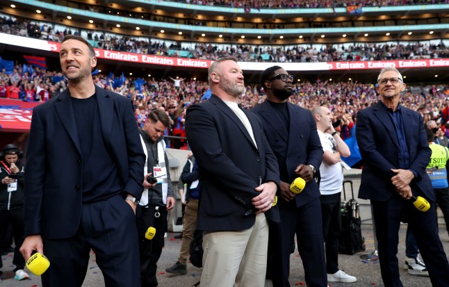 LONDON, ENGLAND - APRIL 26: BBC Presenters Former Crystal Palace player Glenn Murray, former Aston Villa player Micah Richards and former players Wayne Rooney and Gary Lineker look on, while waiting the to present the show during the Emirates FA Cup Semi Final match between Crystal Palace and Aston Villa at Wembley Stadium on April 26, 2025 in London, England. (Photo by Cameron Smith - The FA/The FA via Getty Images)