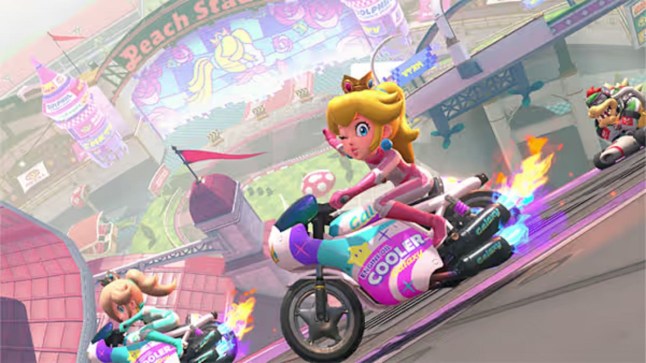 Princess Peach drifting on a motorbike in Mario Kart World
