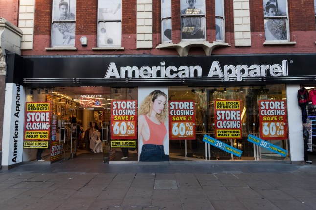 Mandatory Credit: Photo by Ray Tang/REX/Shutterstock (7546653b) Exterior of American Apparel store with sale signs in Oxford Street. An announcement stated all of the UK and European stores will close after falling into administration. American Apparel franchise to close in Europe, London, UK - 05 Dec 2016