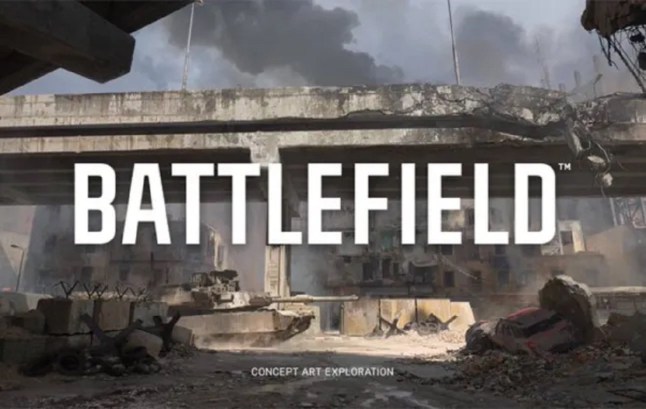 Battlefield logo displayed over a ruined building