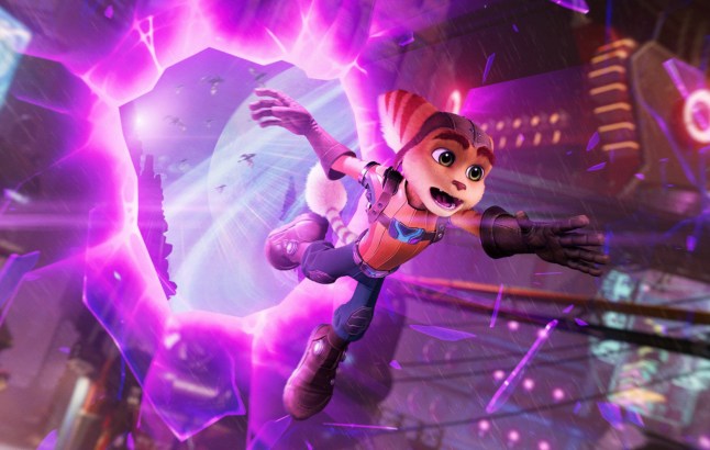 Ratchet falling through portal in Ratchet and Clank: Rift Apart.