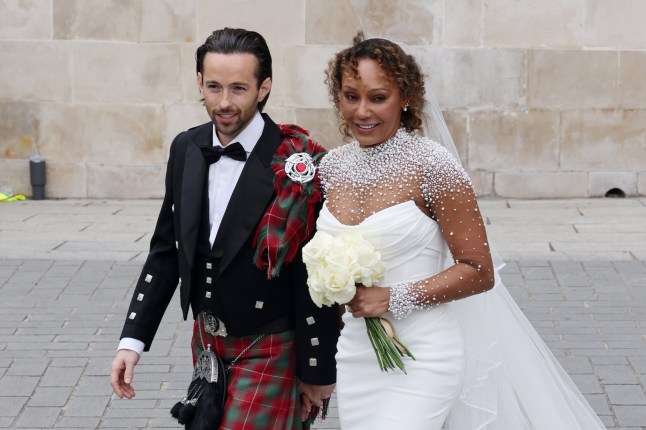 LONDON, ENGLAND - JULY 05: Newlyweds Rory McPhee and Mel B depart St Paul's Cathedral after their wedding on July 05, 2025 in London, England. (Photo by Neil Mockford/GC Images)