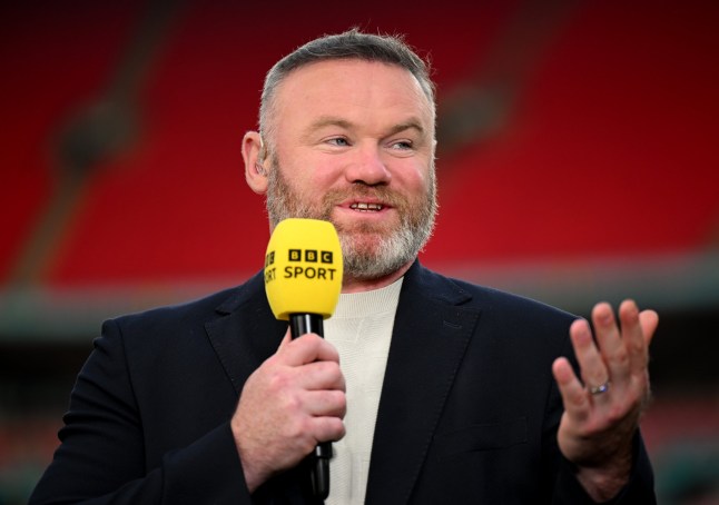 LONDON, ENGLAND - APRIL 26: BBC Pundit and Former Footballer Wayne Rooney, looks on while presenting after the Emirates FA Cup Semi Final match between Crystal Palace and Aston Villa at Wembley Stadium on April 26, 2025 in London, England. (Photo by Michael Regan - The FA/The FA via Getty Images)