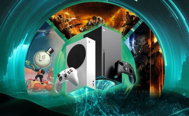 Xbox consoles surrounded by game images