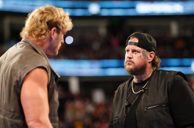 NASHVILLE, TENNESSEE - JULY 11: Logan Paul in confrontation with Jelly Roll during SmackDown at Bridgestone Arena on July 11, 2025 in Nashville, Tennessee. (Photo by Craig Melvin/WWE Via Getty Images)