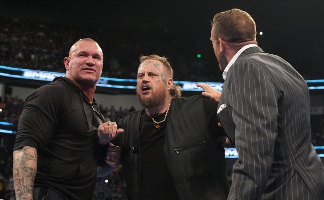 NASHVILLE, TENNESSEE - JULY 11: Randy Orton, Jelly Roll, Nick Aldis face off with Logan Paul during SmackDown at Bridgestone Arena on July 11, 2025 in Nashville, Tennessee. (Photo by Craig Ambrosio/WWE Via Getty Images)