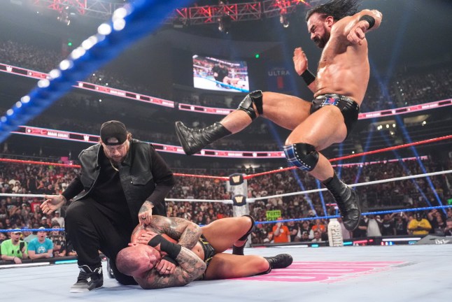 ATLANTA, GEORGIA - JULY 12: Drew McIntyre with a Claymore to Jelly Roll during Saturday Night's Main Event at State Farm Arena on July 12, 2025 in Atlanta, Georgia. (Photo by Craig Melvin/WWE via Getty Images)