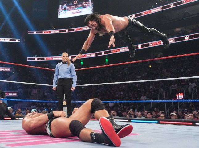 ATLANTA, GEORGIA - JULY 12: Seth Rollins in action against LA Knight during Saturday Night's Main Event at State Farm Arena on July 12, 2025 in Atlanta, Georgia. (Photo by Georgiana Dallas/WWE via Getty Images)