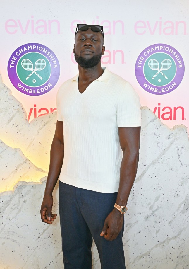 LONDON, ENGLAND - JULY 13: Stormzy attends the evian 'Mountain Of Youth' VIP Suite during Day 14 of Wimbledon 2025 on July 13, 2025 in London, England. (Photo by Jed Cullen/Dave Benett/Getty Images for evian)