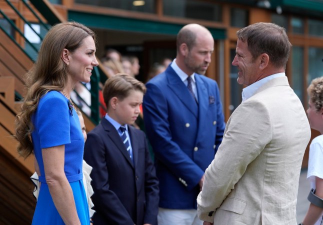 (left to right) the Princess of Wales, Prince George and the Prince of Wales meet Steve Backshall, on day fourteen of the 2025 Wimbledon Championships at the All England Lawn Tennis and Croquet Club, London. Picture date: Sunday July 13, 2025. PA Photo. Photo credit should read: Andrew Matthews/PA Wire. RESTRICTIONS: Editorial use only. No commercial use without prior written consent of the AELTC. Still image use only - no moving images to emulate broadcast. No superimposing or removal of sponsor/ad logos.