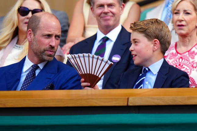 Mandatory Credit: Photo by Javier Garcia/Shutterstock (15392297ca) Prince William and Prince George (with a fan) in the Royal Box on Centre Court Wimbledon Tennis Championships, Day 14, The All England Lawn Tennis and Croquet Club, London, UK - 13 Jul 2025