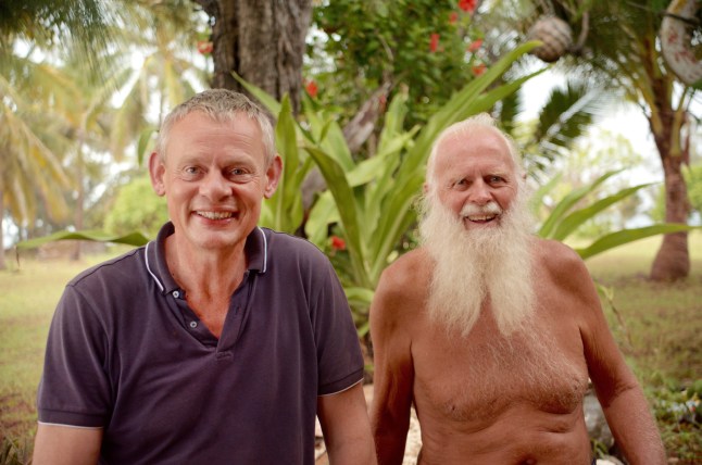 TELEVISION PROGRAMMES: MY TRAVELS AND OTHER ANIMALS - Ep1. Extraordinary relationships MARTIN CLUNES and David Glasheen Thursday18th April 2019 on ITV ARCHIVE Picture shows: From BUFFALO PICTURES Martin Clunes travels the globe meeting characters that have formed extraordinary relationships with animals: from a man living with wolves in Devon to a modern day Robinson Crusoe with his wild dingo on an Australian island. These are people with exceptional gifts who live in extrordinary places. On the North Coast of Devon, Martin meets animal behaviourist Sean Ellis who lives with a pack of wolves. At the Mkomazi game reserve in Tanzania Tony Fitzjohn is pioneering a breeding programme in the hope of saving the African wild dog and hermit Dave Glasheen, on Australia?s Restoration Island, lives with his pet dingo Polly. Martin then travels, with his horse Chester, to meet Monty Roberts the legendary horse-whisperer for a masterclass in inter-species communication. Copyright: ITV/Buffalo For further information please contact Peter Gray 0207 157 3046 peter.gray@itv.com This photograph is ? ITV and can only be reproduced for editorial purposes directly in connection with the programme MARTIN CLUNES :MY TRAVELS AND OTHER ANIMALS or ITV. Once made available by the ITV Picture Desk, this photograph can be reproduced once only up until the Transmission date and no reproduction fee will be charged. Any subsequent usage may incur a fee. This photograph must not be syndicated to any other publication or website, or permanently archived, without the express written permission of ITV Picture Desk. Full Terms and conditions are available on the website https://www.itv.com/presscentre/itvpictures/terms