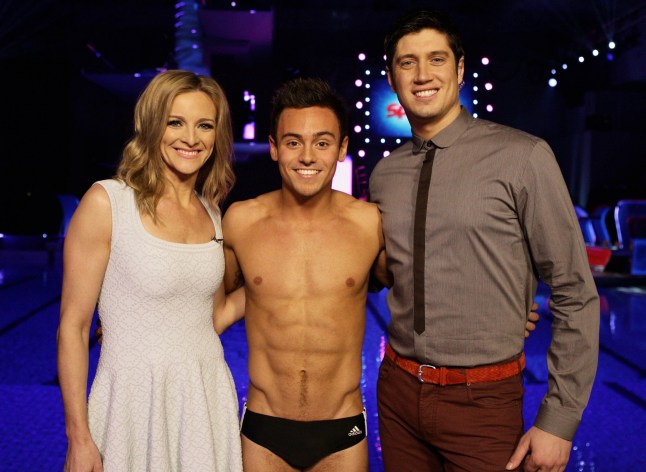 Editorial use only Mandatory Credit: Photo by Matt Frost/ITV/REX/Shutterstock (3497430d) Gabby Logan, Tom Daley and Vernon Kay 'Splash' TV Programme, Luton, Britain - 11 Jan 2014
