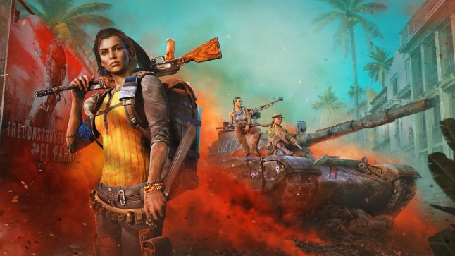 Far Cry 6 key art of Dani Rojas posing while holding a rifle over her shoulders in front of a tank with red mist flowing across the ground