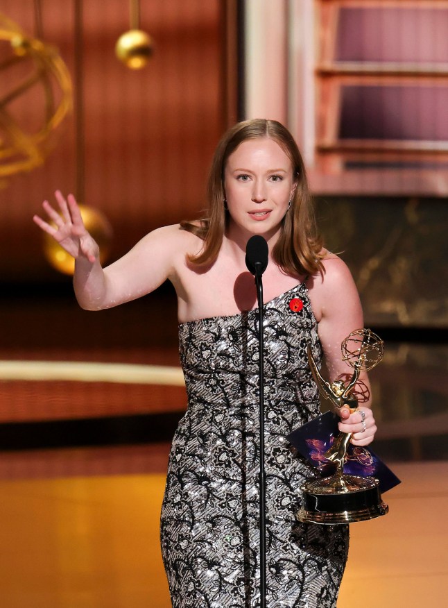 LOS ANGELES, CALIFORNIA - SEPTEMBER 14: Hannah Einbinder accepts the Outstanding Supporting Actress in a Comedy Series award for "Hacks" onstage during The 77th Primetime Emmy Awards at Peacock Theater on September 14, 2025 in Los Angeles, California. (Photo by Sonja Flemming/CBS via Getty Images)