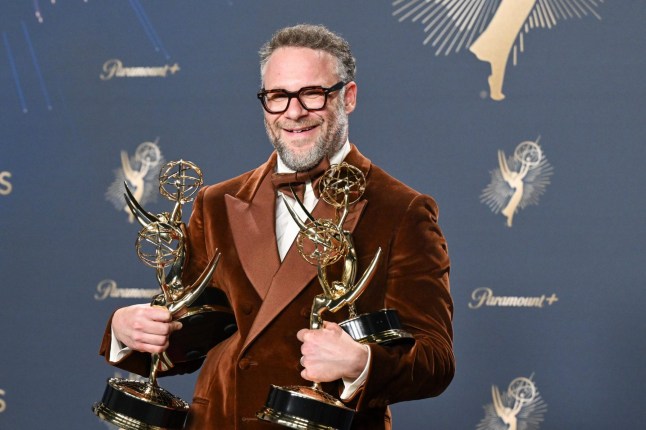 Seth Rogen and Outstanding Comedy Series awards for "The Studio", Outstanding Directing for a Comedy Series, Outstanding Writing for a Comedy Series, poses with the Outstanding Lead Actor in a Comedy Series at the 77th Primetime Emmy Awards held at the Peacock Theater on September 14, 2025 in Los Angeles, California. (Photo by Gilbert Flores/Variety via Getty Images)