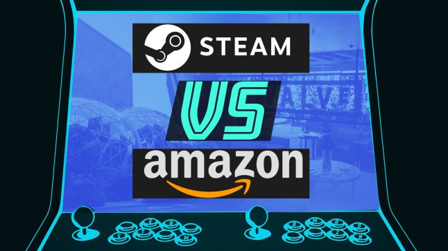 Amazon vs. Steam logo graphic