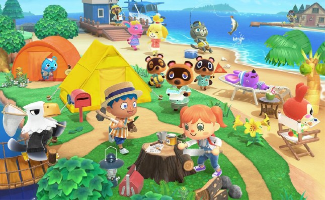 Animal Crossing New Horizons Switch 2 key art of villagers working and relaxing on island shore