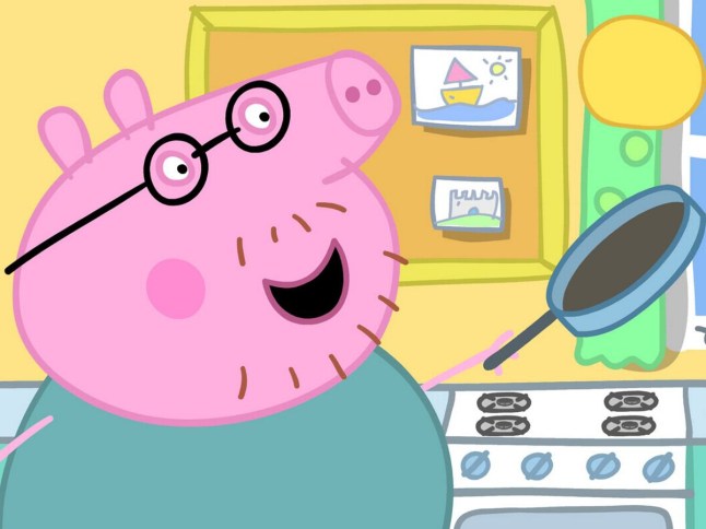 Cartoon picture of Peppa Pig's dad, Daddy Pig, flipping a pancake in the kitchen.