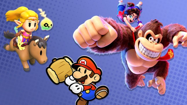 Zelda Paper Mario and Donkey Kong in front of blue background