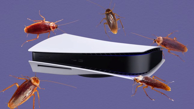 PlayStation 5 console surrounded by cockroaches