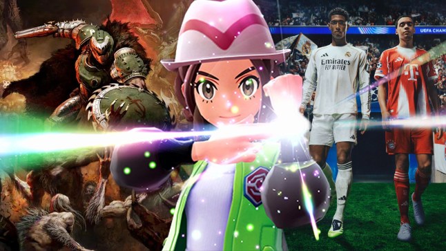 Collage of Pokemon Legends Z-A character, EA Sports FC 26, and Doom: The Dark Ages