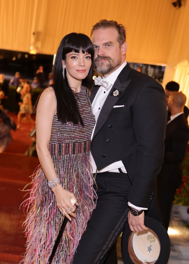 NEW YORK, NEW YORK - MAY 02: (Exclusive Coverage) (L-R) Lily Allen and David Harbour depart The 2022 Met Gala Celebrating "In America: An Anthology of Fashion" at The Metropolitan Museum of Art on May 02, 2022 in New York City. (Photo by Matt Winkelmeyer/MG22/Getty Images for The Met Museum/Vogue )