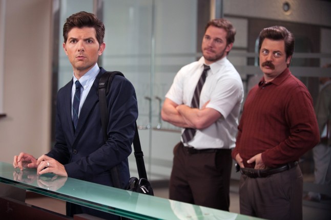 PARKS AND RECREATION -- "Ms. Ludgate-Dwyer Goes to Washington" Episode 709 -- Pictured: (l-r) Adam Scott as Ben Wyatt, Chris Pratt as Andy Dwyer, Nick Offerman as Ron Swanson -- (Photo by: Colleen Hayes/NBCU Photo Bank/NBCUniversal via Getty Images via Getty Images)