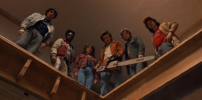 STRANGER THINGS. (L to R) Finn Wolfhard as Mike Wheeler, Caleb McLaughlin as Lucas Sinclair, Natalia Dyer as Nancy Wheeler, Joe Keery as Steve Harrington, Charlie Heaton as Jonathan Byers, and Gaten Matarazzo as Dustin Henderson in STRANGER THINGS. Cr. Courtesy of Netflix ????2025