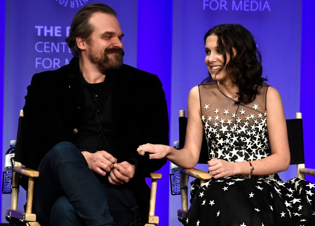 HOLLYWOOD, CA - MARCH 25:David Harbour and Millie Bobby Brown speak onstage at The Paley Center For Media's 35th Annual PaleyFest Los Angeles - "Stranger Things" at Dolby Theatre on March 25, 2018 in Hollywood, California. (Photo by Frazer Harrison/Getty Images)