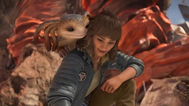 Star Wars Outlaws Kay Vess kneeling down with Nix on her shoulder