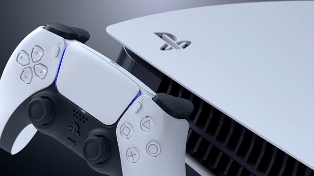 A PS5 console and DualSense controller leaning against each other.